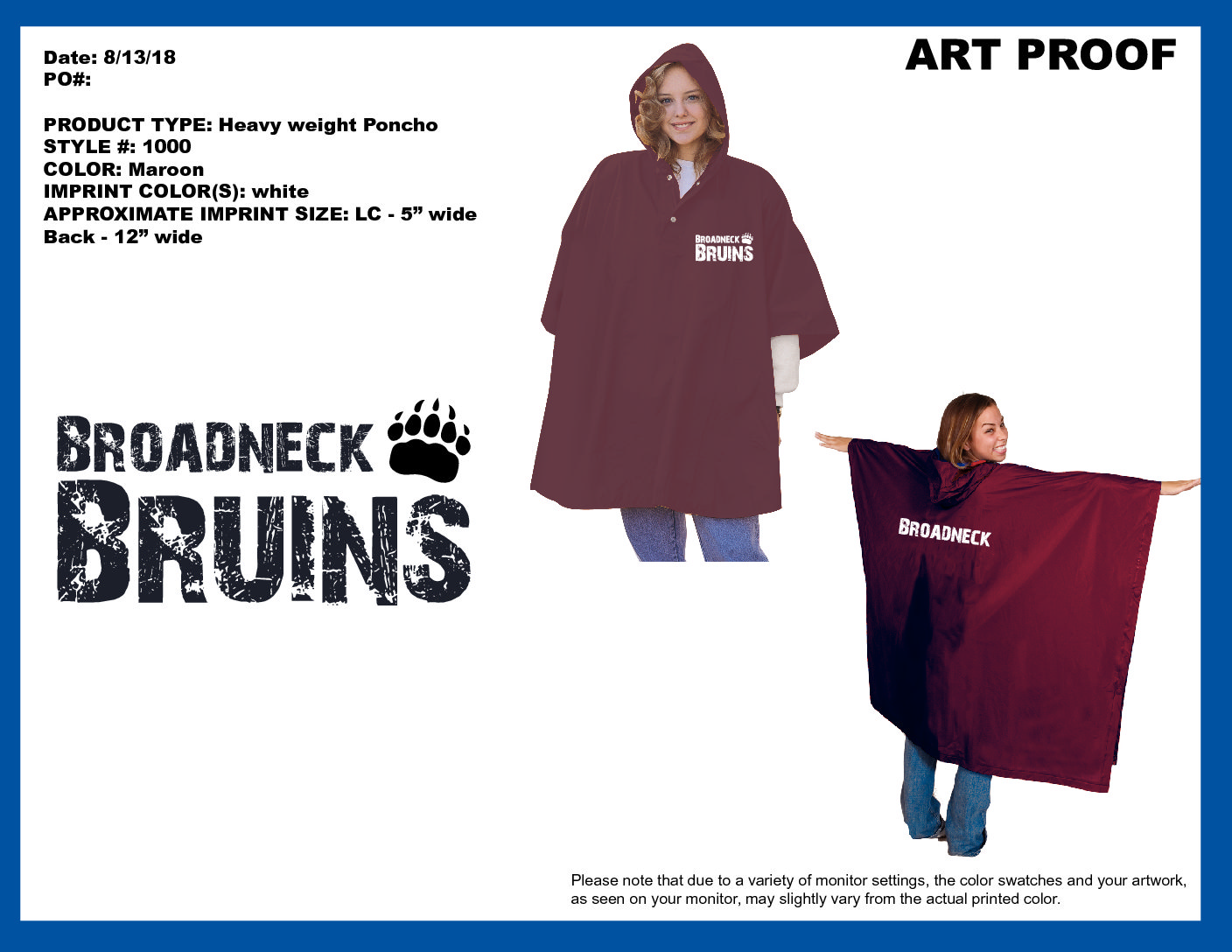 Broadneck Bruins Heavy Weight Poncho
